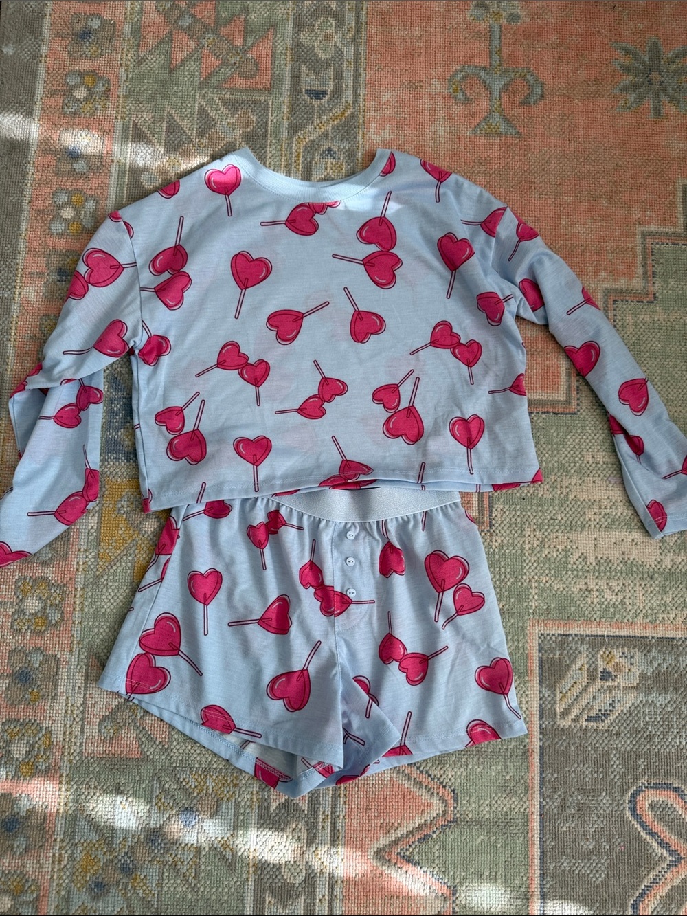 GAP Valentine Blue Kids Pajama Set with Pink Heart Lollipops (8) - like new!
